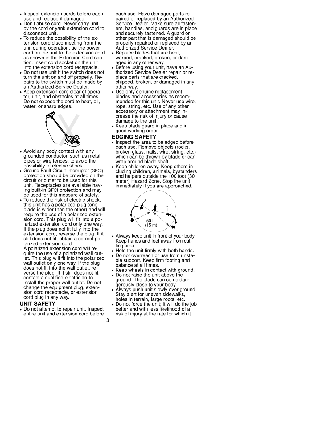 Poulan PE225 manual Unit Safety, Edging Safety, Possibility of electric shock 