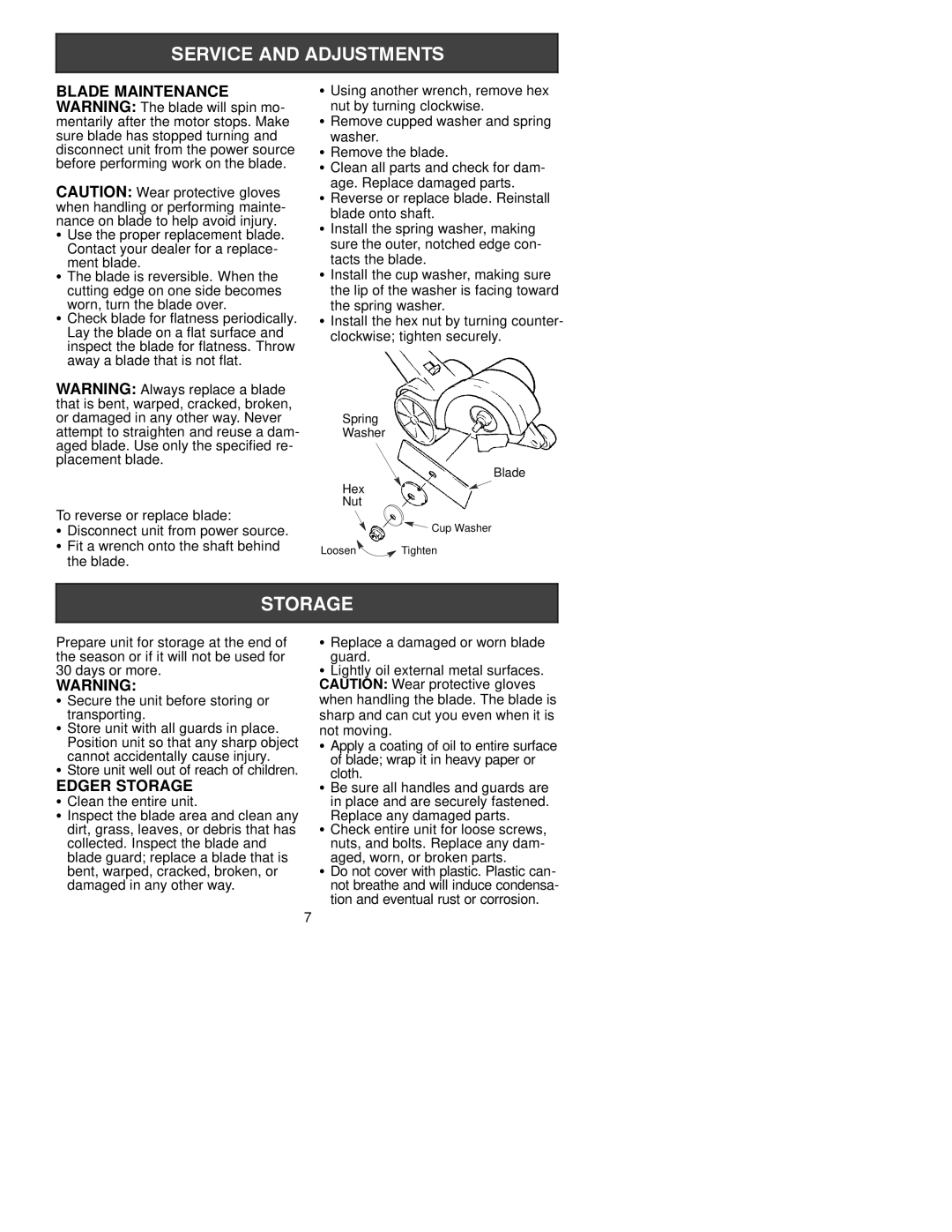 Poulan PE225 manual Edger Storage, Ment blade, Worn, turn the blade over, To reverse or replace blade 