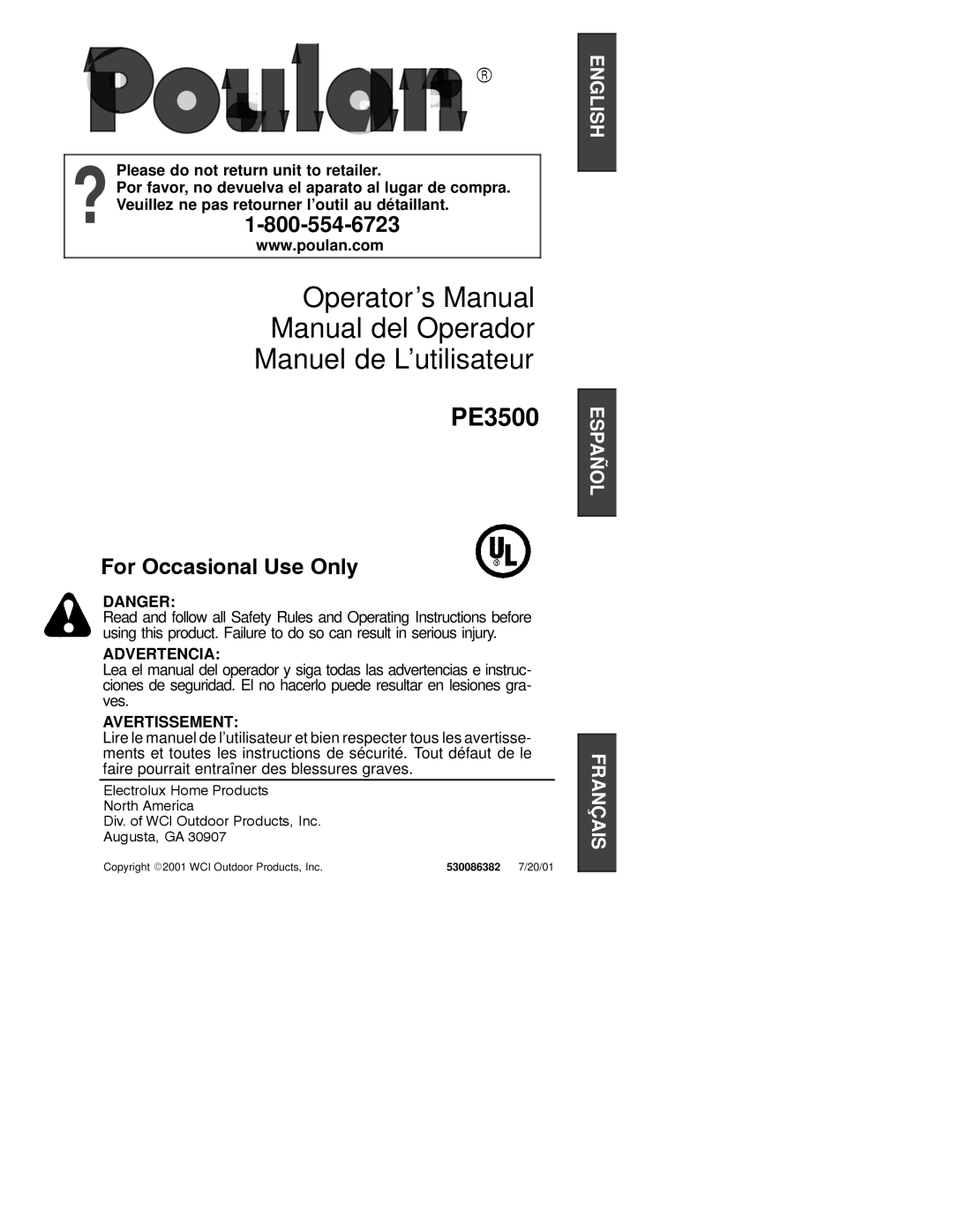 Poulan PE3500 operating instructions Advertencia, Avertissement 