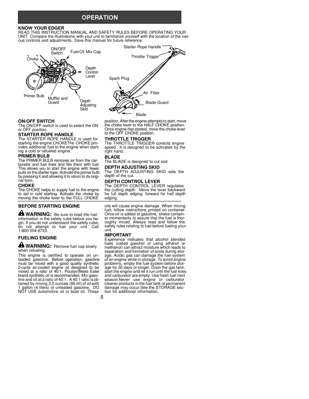 Poulan PE550 Know Your Edger, ON/OFF Switch, Starter Rope Handle, Throttle Trigger, Primer Bulb Blade, Depth Control Lever 