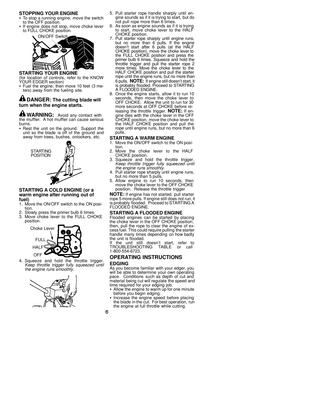 Poulan PE550 Stopping Your Engine, Starting Your Engine, Starting a Warm Engine, Starting a Flooded Engine, Edging 