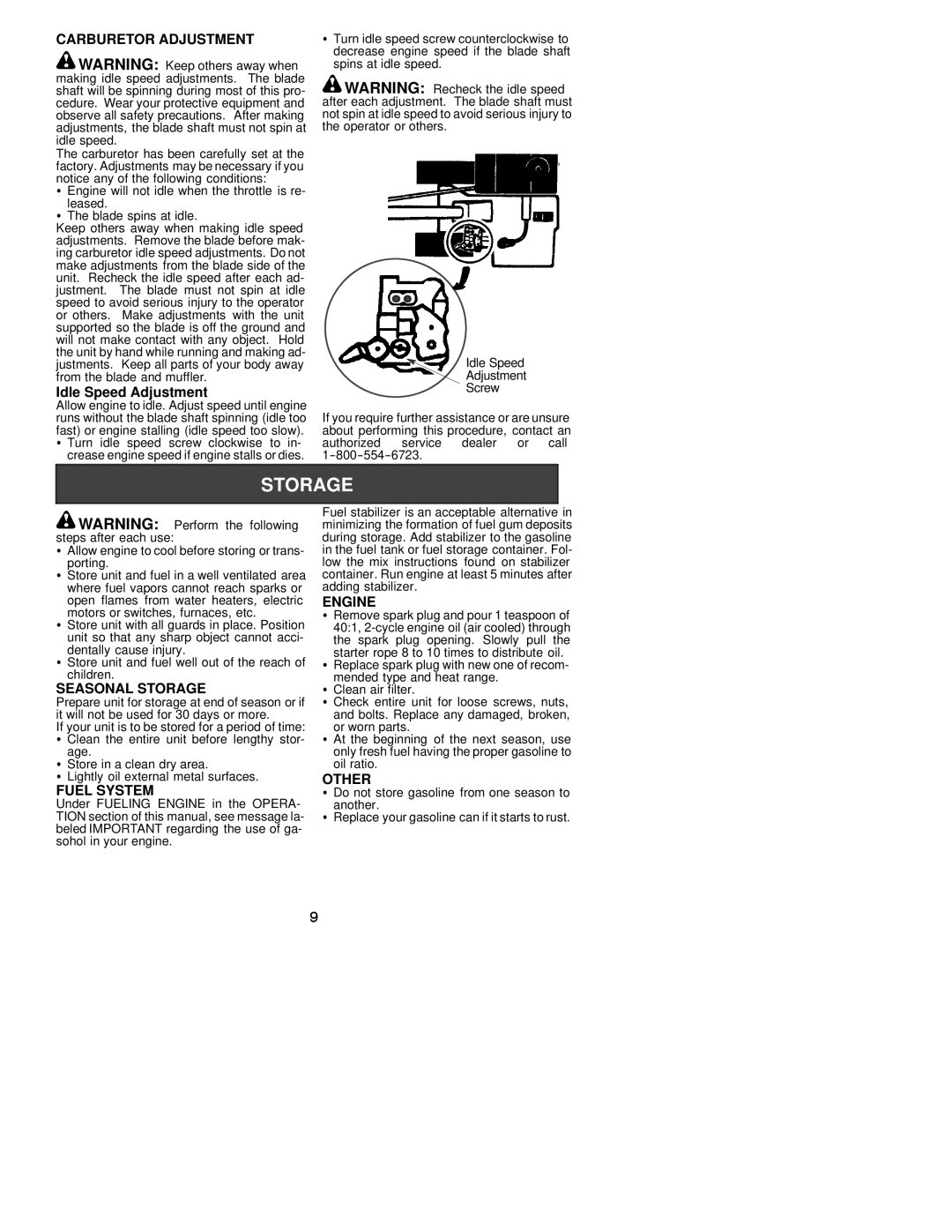 Poulan PE550 instruction manual Carburetor Adjustment, Seasonal Storage, Fuel System, Engine, Other 