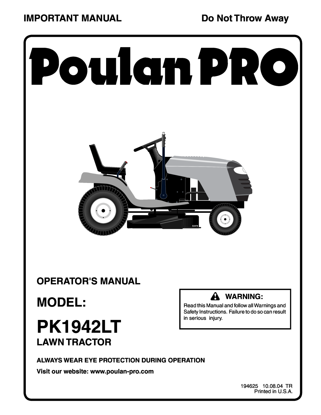 Poulan PK1942LT manual Model, Important Manual, Operators Manual, Lawn Tractor, Do Not Throw Away, 02478 