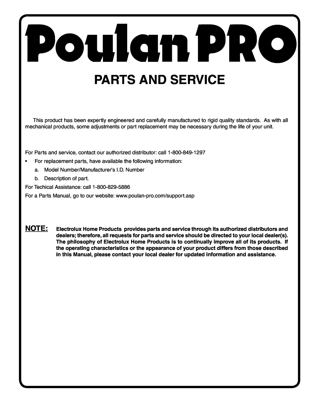 Poulan PK1942LT manual Parts And Service 