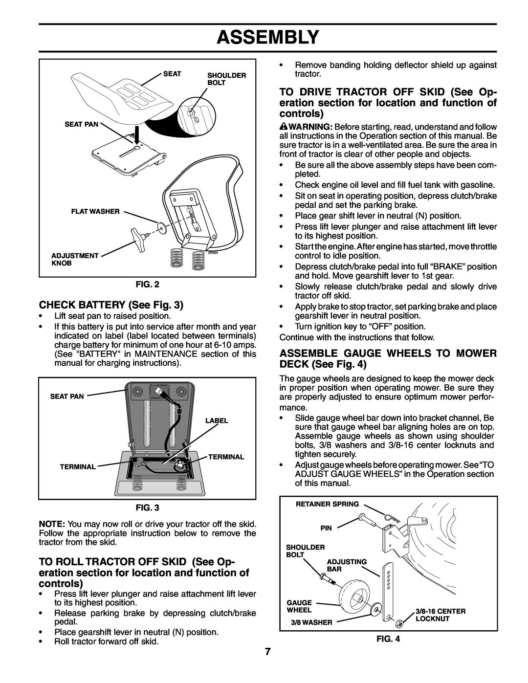 Poulan PK1942LT manual CHECK BATTERY See Fig, ASSEMBLE GAUGE WHEELS TO MOWER DECK See Fig, Assembly 