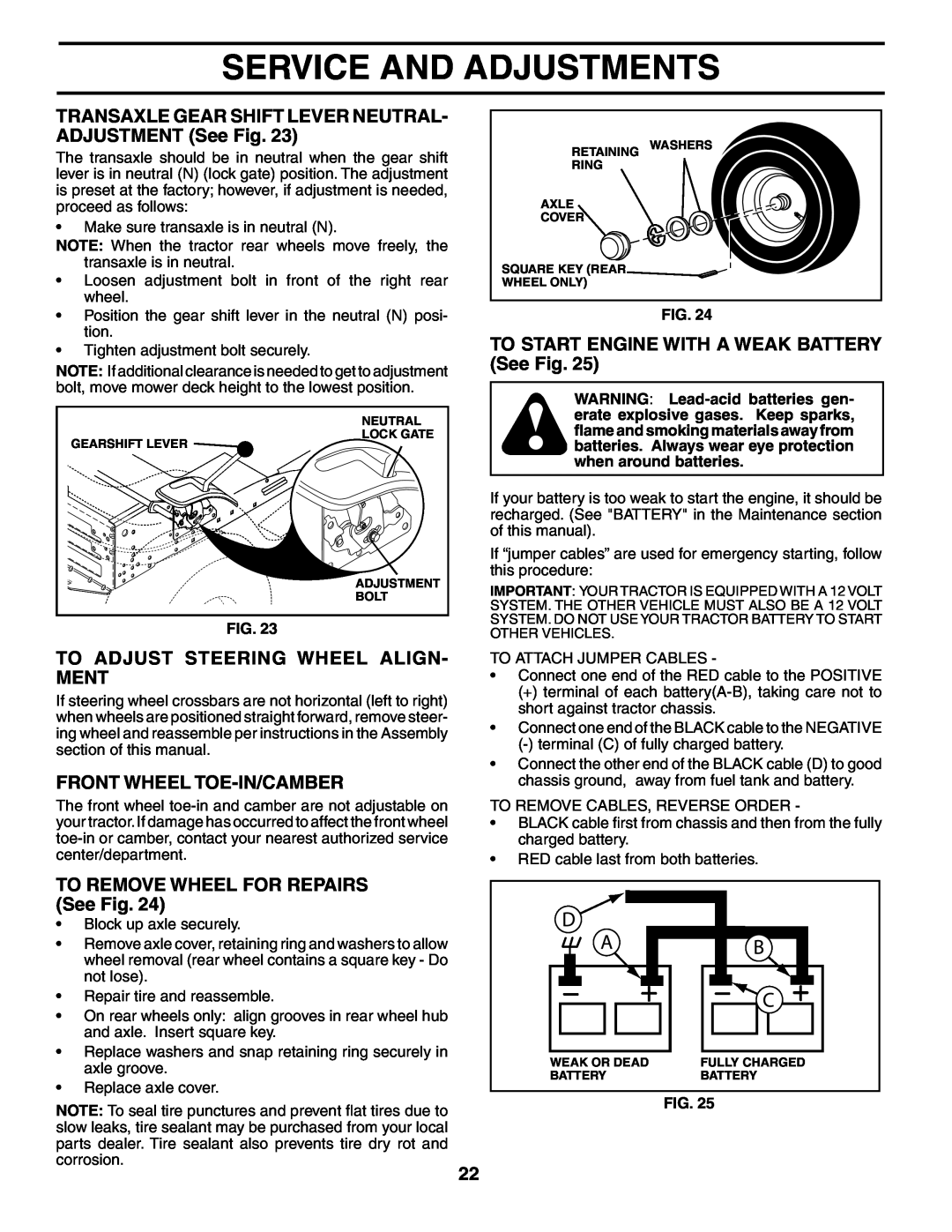 Poulan PK1942YT manual TRANSAXLE GEAR SHIFT LEVER NEUTRAL- ADJUSTMENT See Fig, To Adjust Steering Wheel Align- Ment 