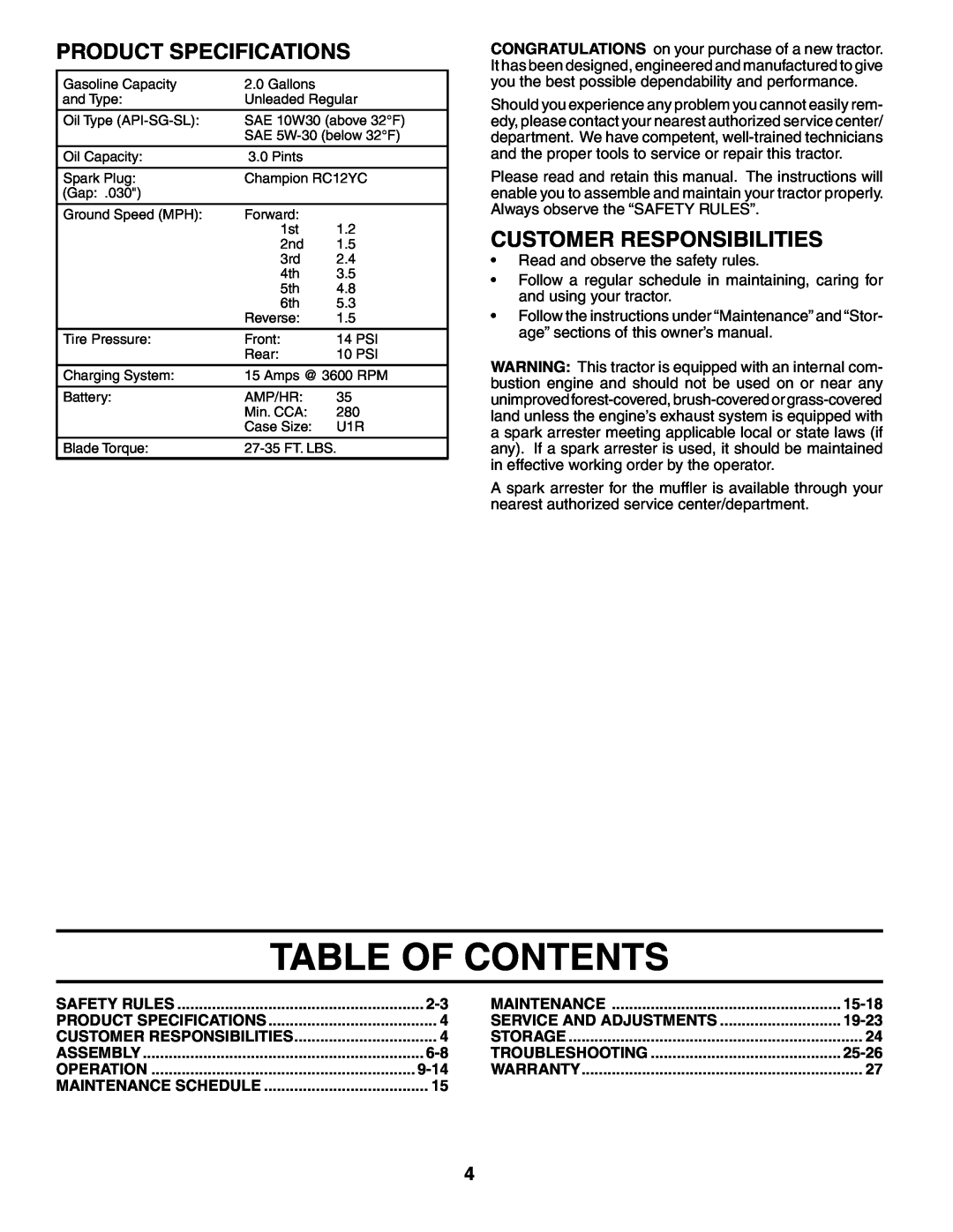 Poulan PK1942YT manual Table Of Contents, Product Specifications, Customer Responsibilities, 9-14, 15-18, 19-23, 25-26 