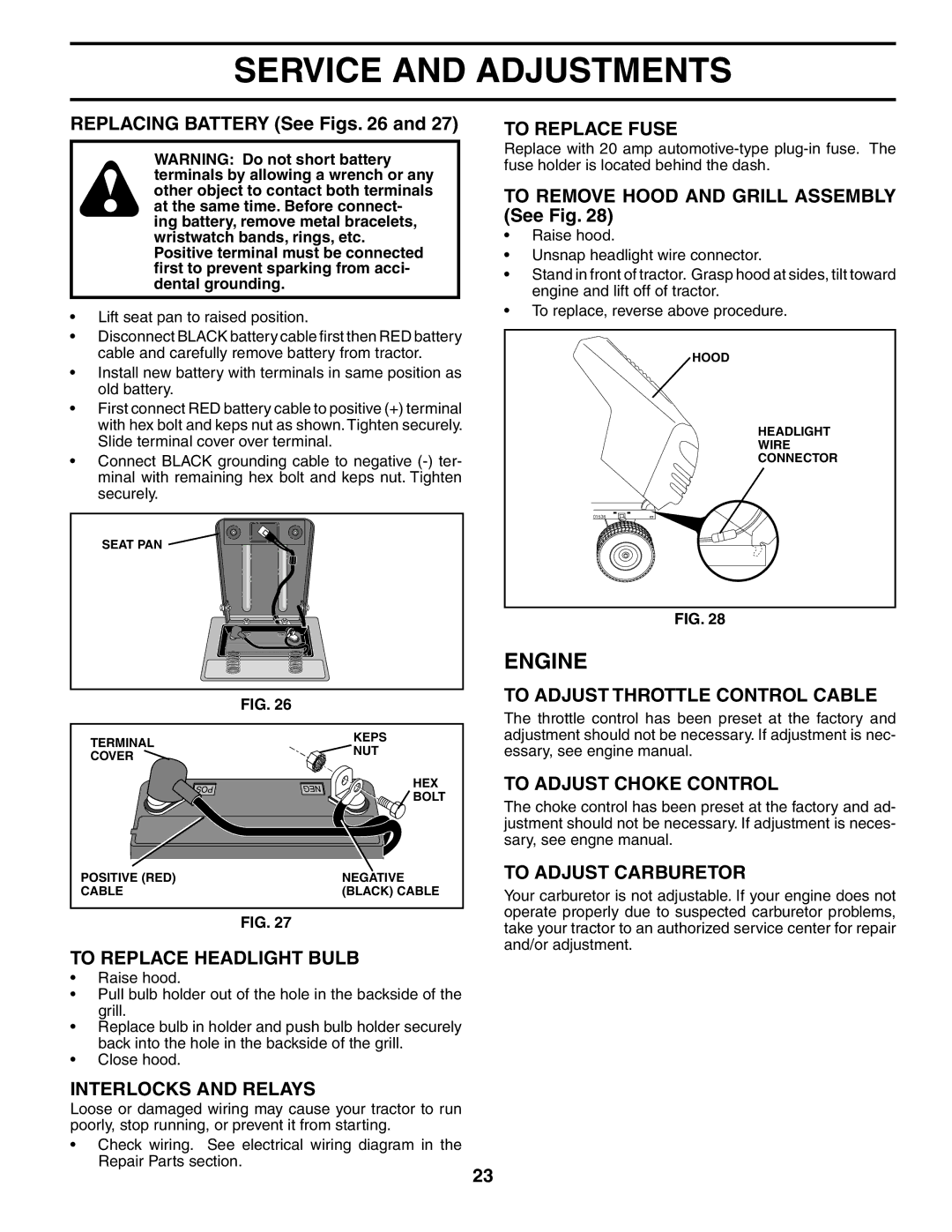 Poulan PK19H42LT manual To Replace Headlight Bulb, Interlocks and Relays, To Replace Fuse, To Adjust Throttle Control Cable 