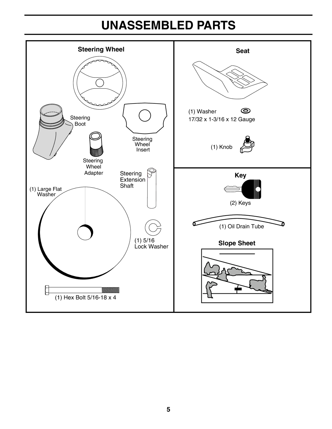 Poulan PK19H42LT manual Unassembled Parts, Steering Wheel Seat, Key, Slope Sheet 