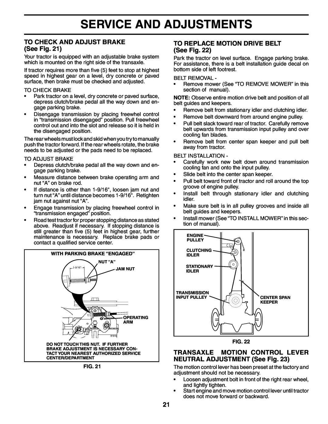 Poulan PK19H42LT manual TO CHECK AND ADJUST BRAKE See Fig, TO REPLACE MOTION DRIVE BELT See Fig, Service And Adjustments 