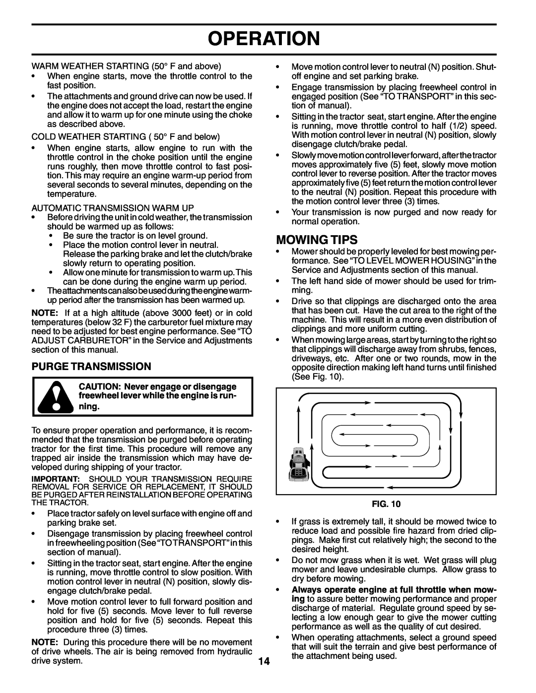 Poulan PK19H42YT manual Mowing Tips, Purge Transmission, Operation 