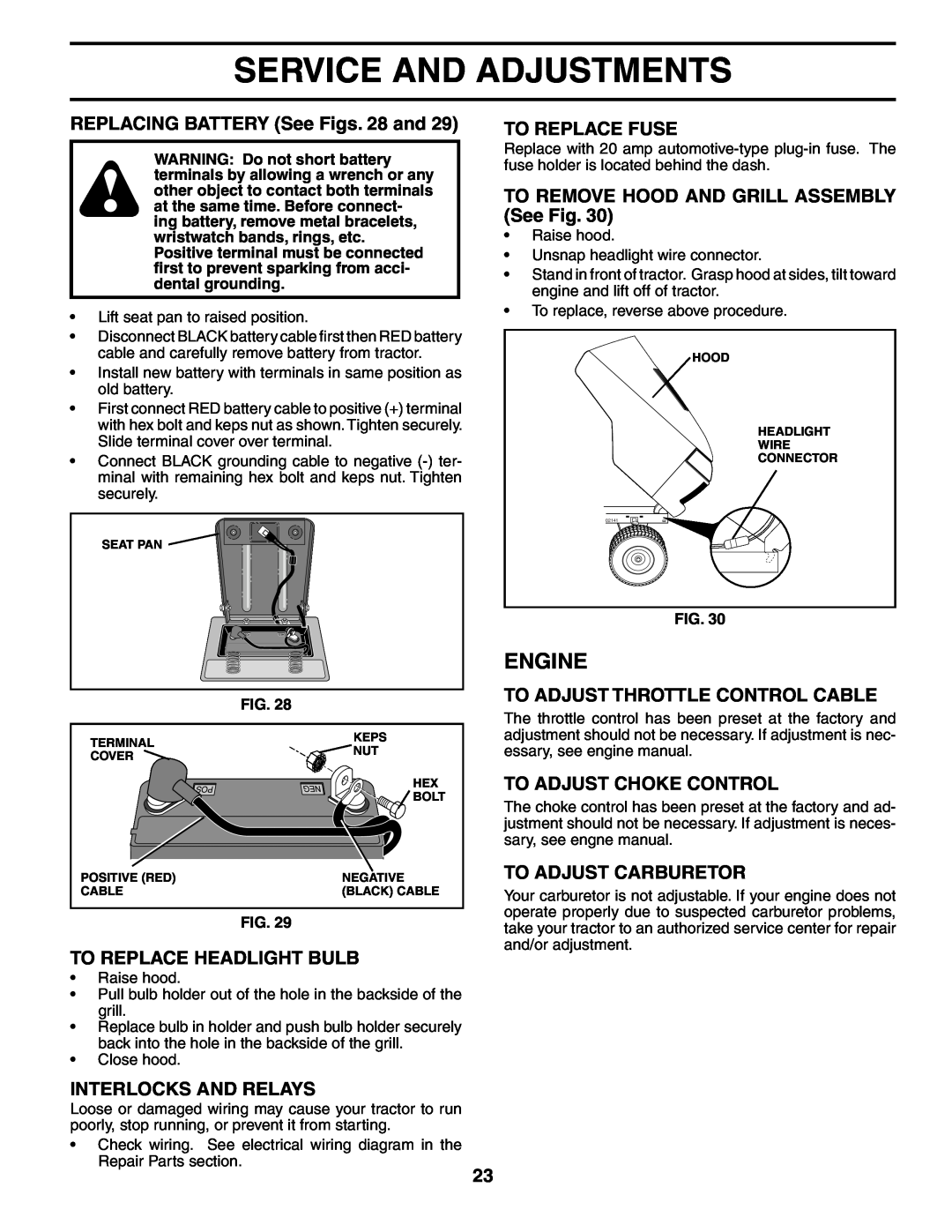 Poulan PK19H42YT REPLACING BATTERY See Figs. 28 and, To Replace Headlight Bulb, Interlocks And Relays, To Replace Fuse 