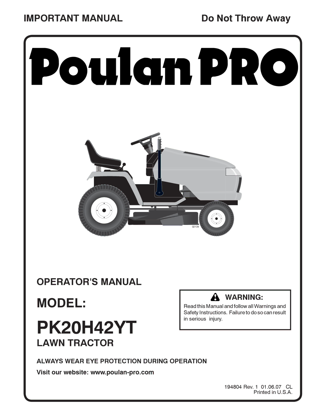 Poulan PK20H42YT manual Model 