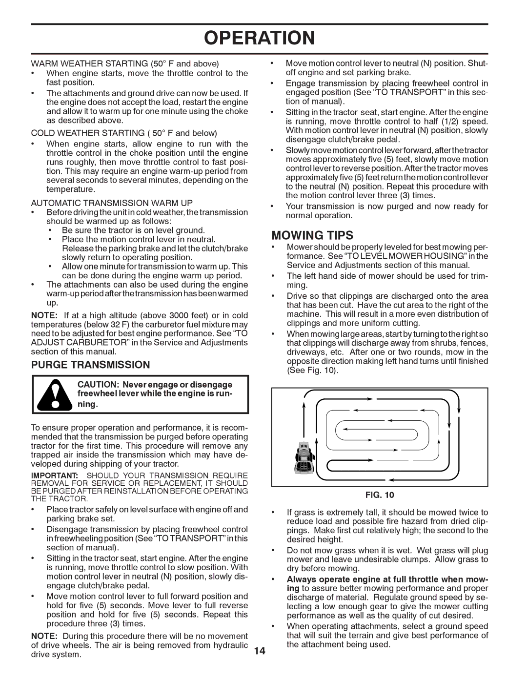 Poulan PK20H42YT manual Mowing Tips, Purge Transmission, Automatic Transmission Warm UP, Ning 