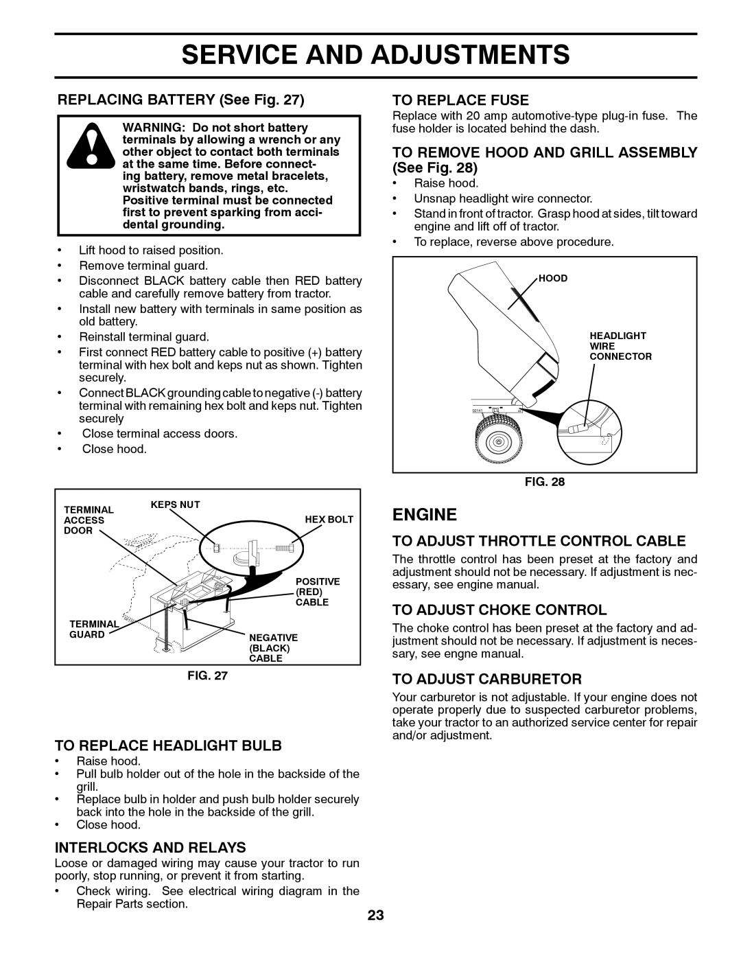 Poulan PK20H42YT To Replace Fuse, To Adjust Throttle Control Cable, To Adjust Choke Control, To Replace Headlight Bulb 