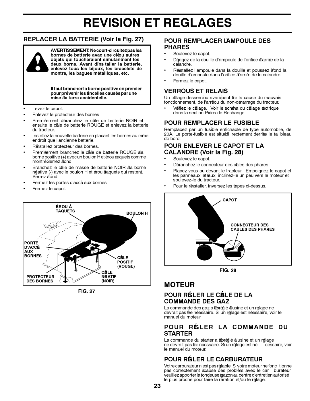 Poulan PK20H42YT manual Reglages ET Revision, Carburateur LE Régler Pour, Starter DU Commande LA Régler Pour 