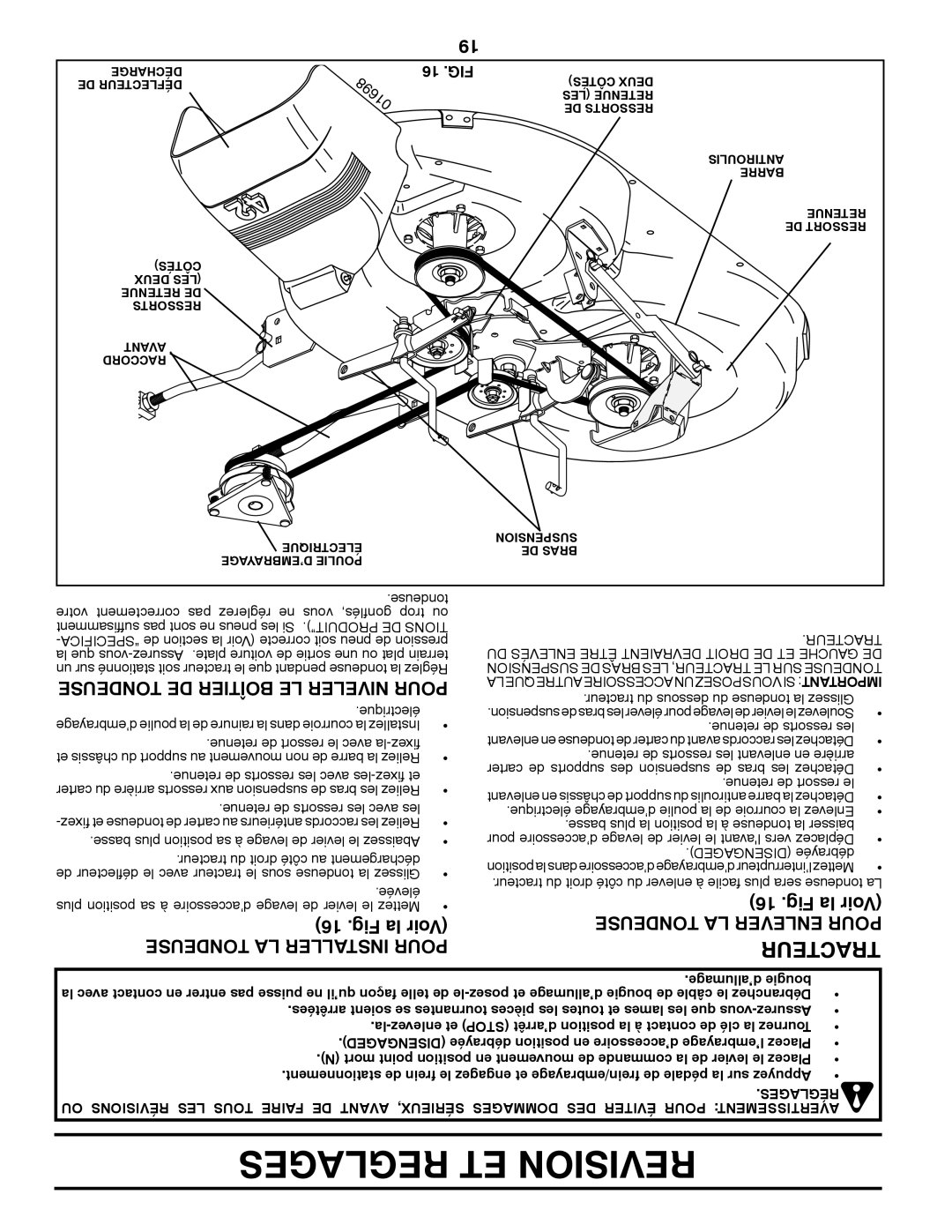 Poulan PK20H42YT manual Tondeuse DE Boîtier LE Niveler Pour, Tondeuse LA Installer Pour, Tondeuse LA Enlever Pour, 16 .FIG 