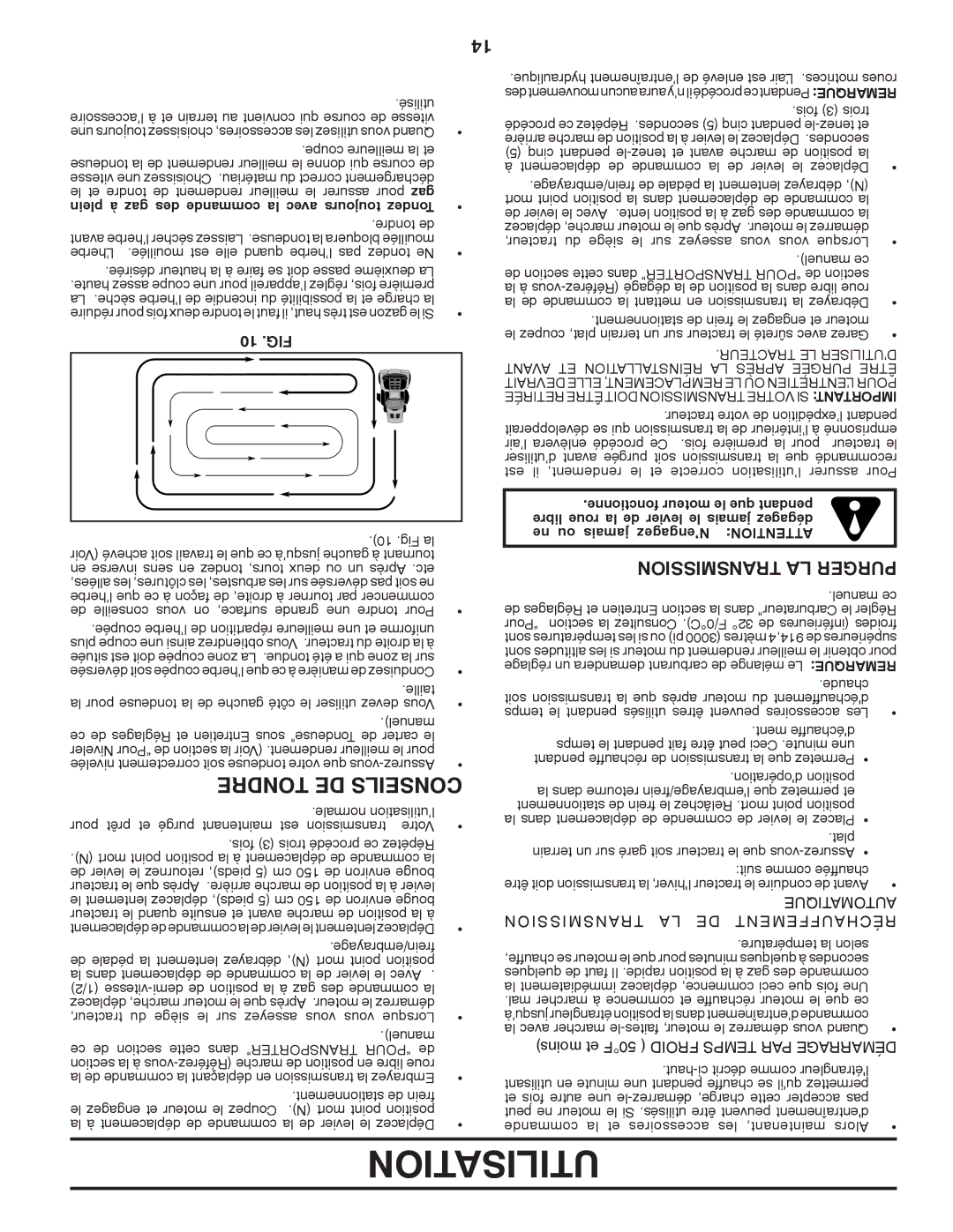 Poulan PK20H42YT manual Utilisation, Transmission LA Purger, 10 .FIG, Quetimaauto, Sion Transmis DE Réchauffement 