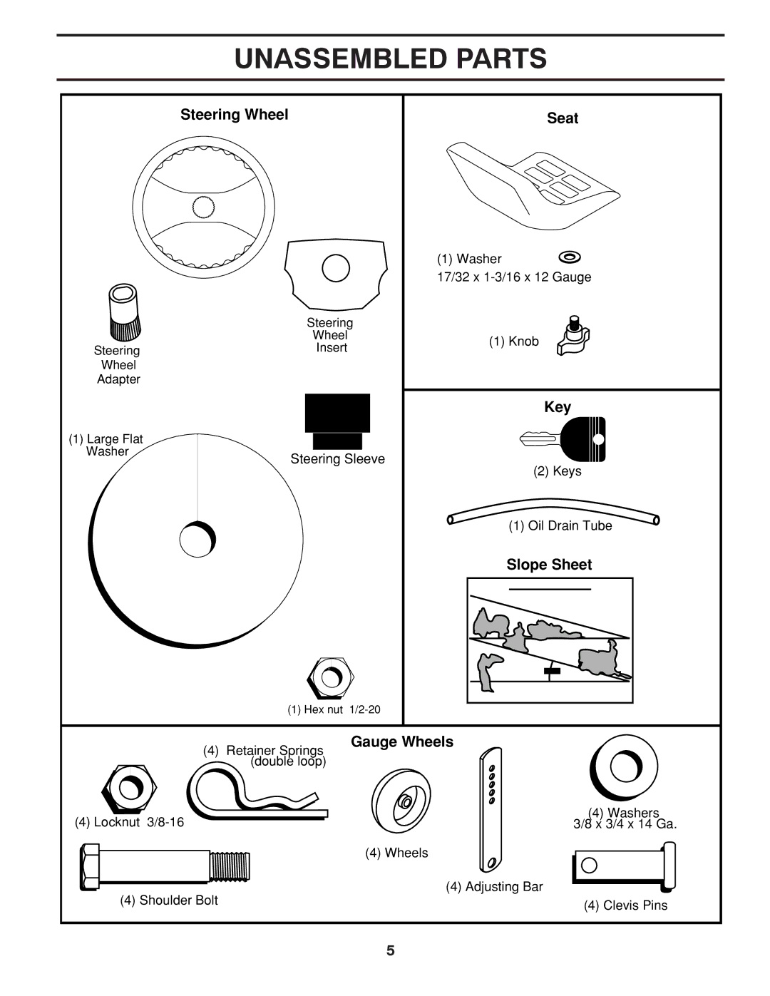 Poulan PK20H42YT manual Unassembled Parts, Steering Wheel Seat, Key, Slope Sheet, Gauge Wheels 