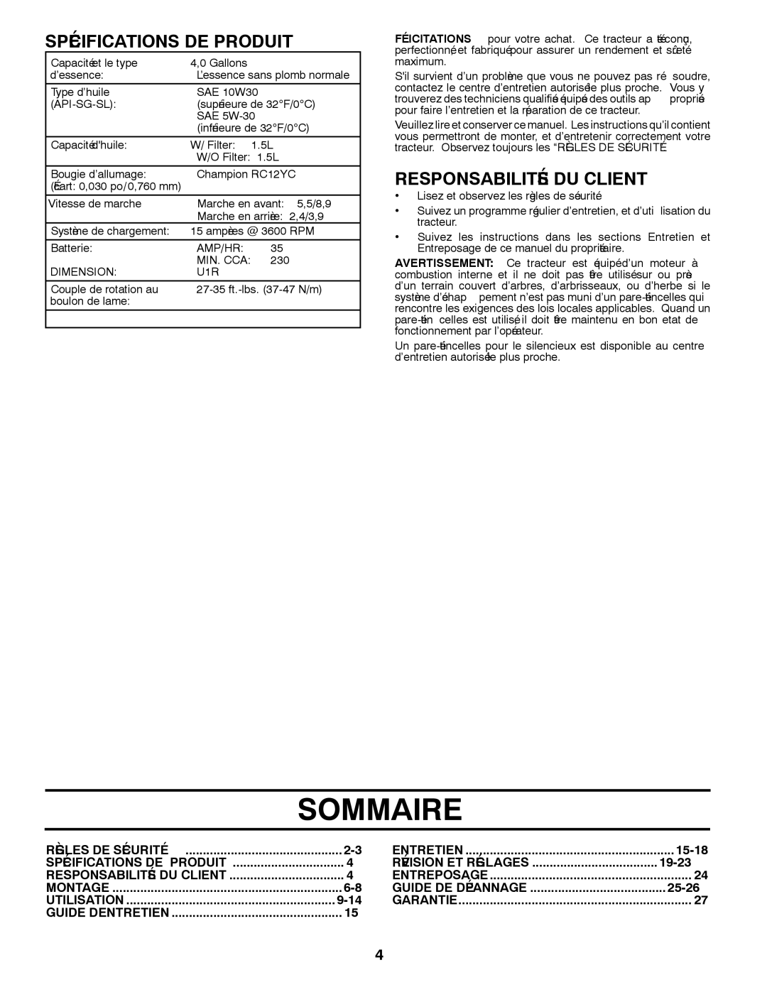 Poulan PK20H42YT manual Sommaire 