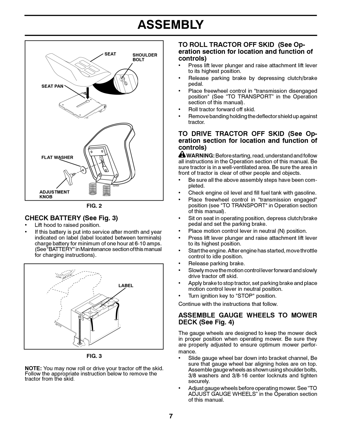 Poulan PK20H42YT manual Check Battery See Fig, Assemble Gauge Wheels to Mower Deck See Fig 