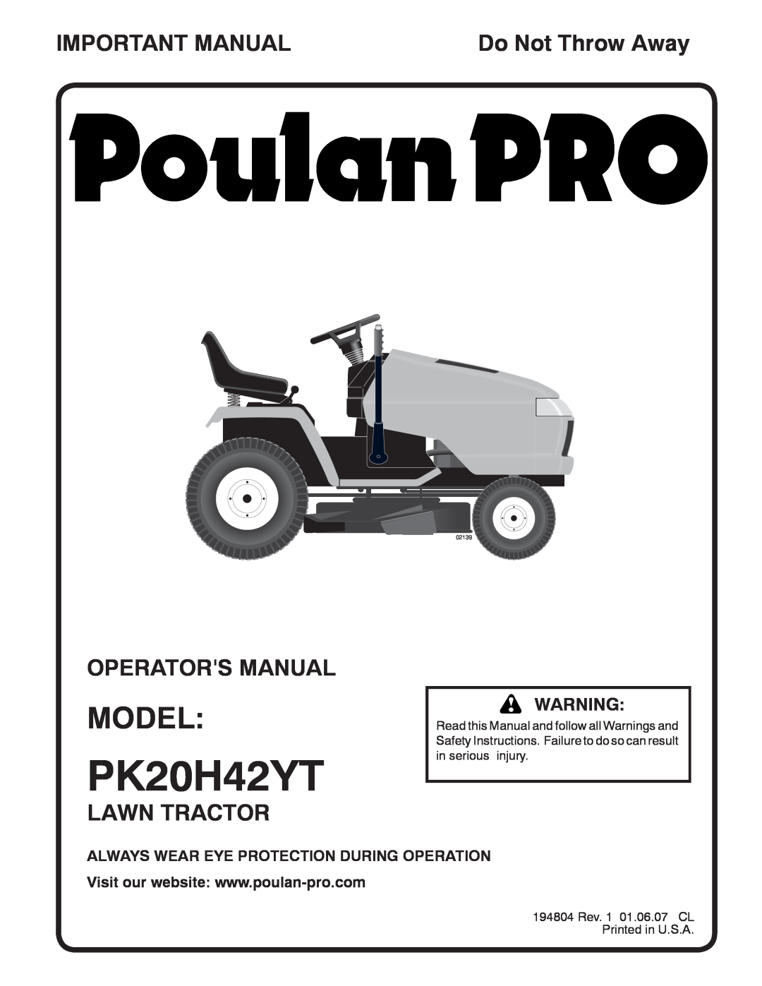 Poulan PK20H42YT manual Model, Important Manual, Operators Manual, Lawn Tractor, Do Not Throw Away,  
