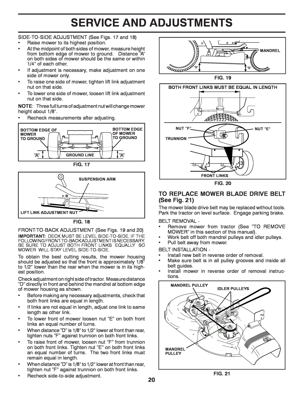 Poulan PK20H42YT manual TO REPLACE MOWER BLADE DRIVE BELT See Fig, Service And Adjustments 