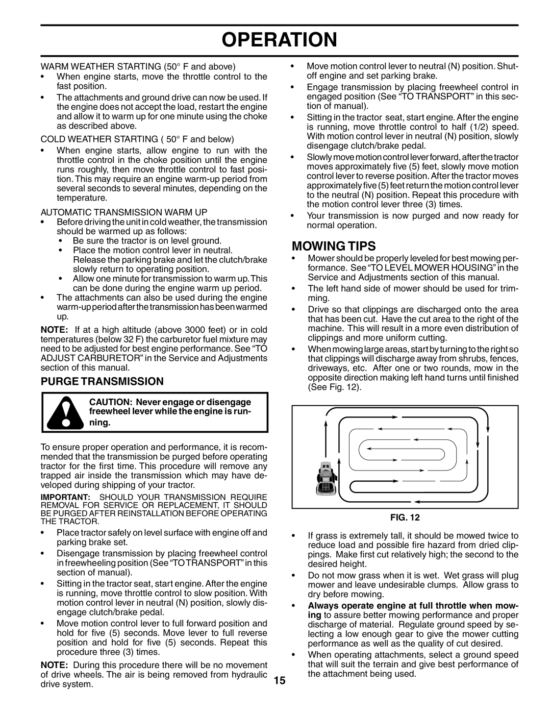 Poulan PK20H48YT manual Mowing Tips, Purge Transmission, Automatic Transmission Warm UP 