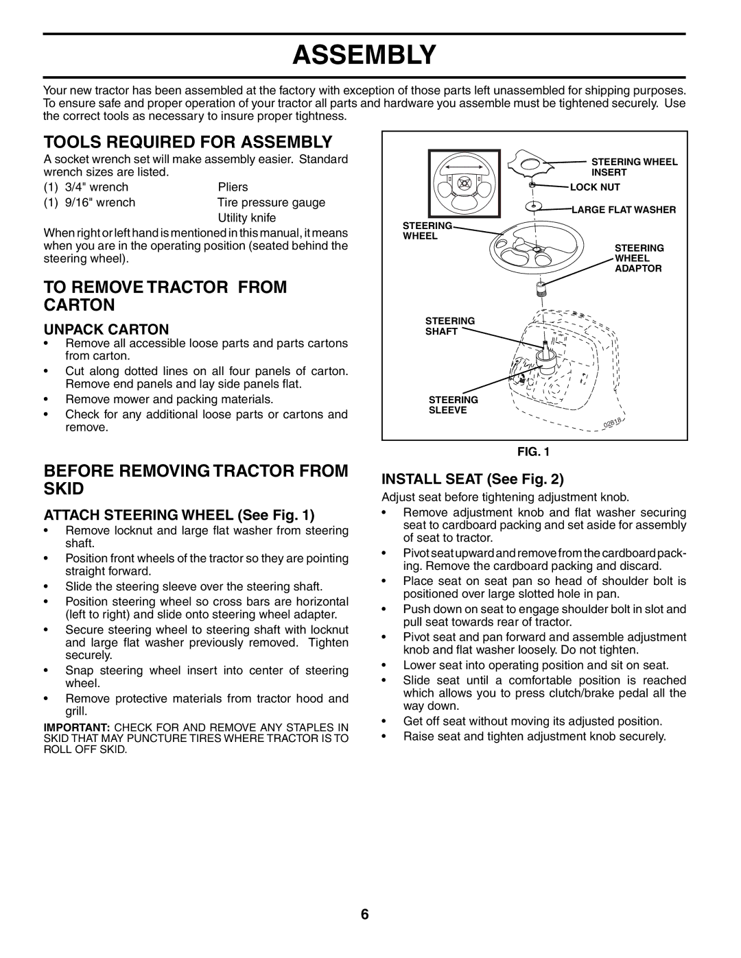 Poulan PK20H48YT manual Tools Required for Assembly, To Remove Tractor from Carton, Before Removing Tractor from Skid 