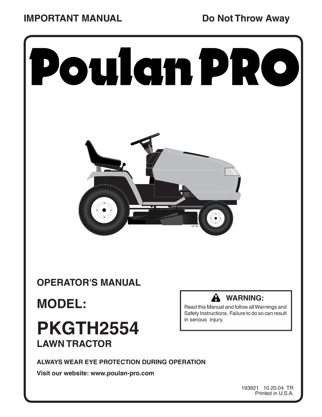 Poulan PKGTH2554 manual Model, Always Wear EYE Protection During Operation 