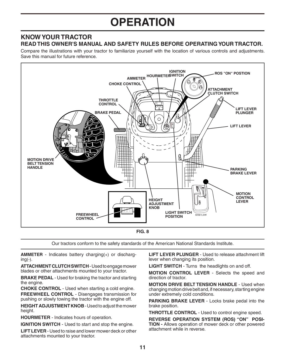 Poulan PKGTH2554 manual Know Your Tractor, Height Adjustment Knob Used to adjust the mower height 