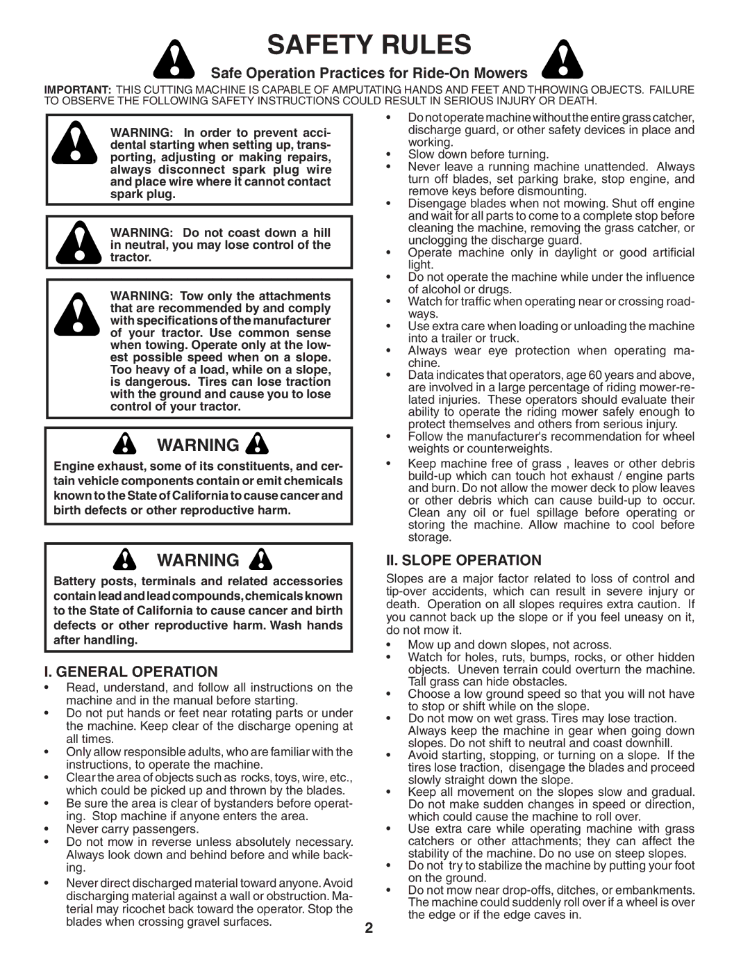 Poulan PKGTH2554 manual Safe Operation Practices for Ride-On Mowers, General Operation, II. Slope Operation 