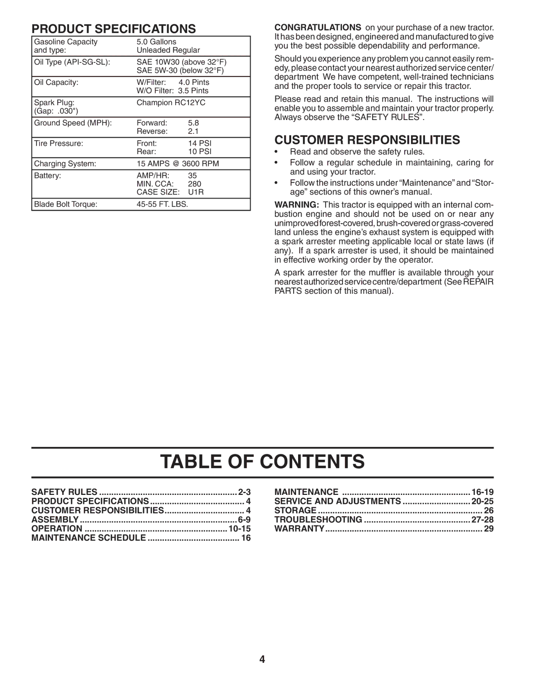 Poulan PKGTH2554 manual Table of Contents 