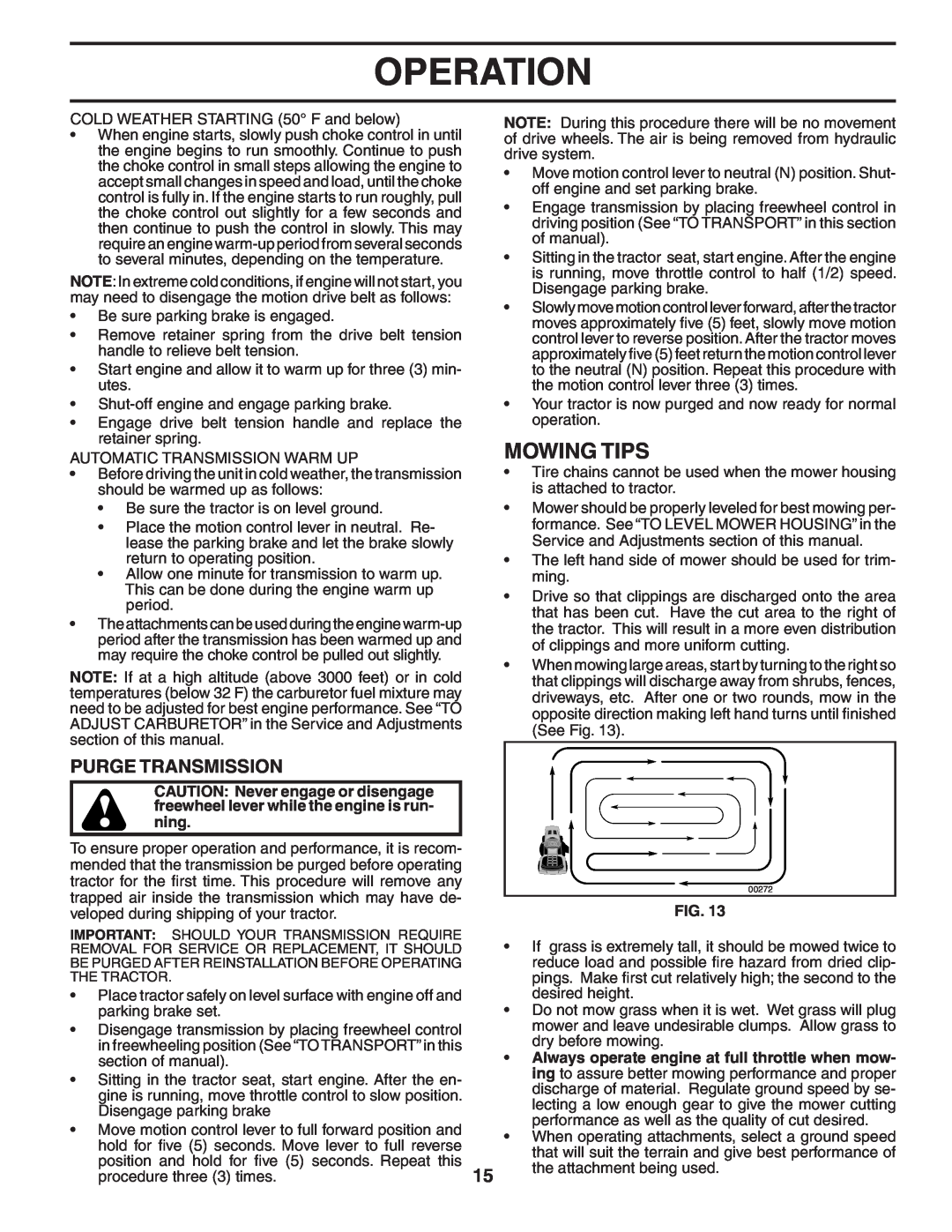 Poulan PKGTH2554 manual Mowing Tips, Purge Transmission, Operation 