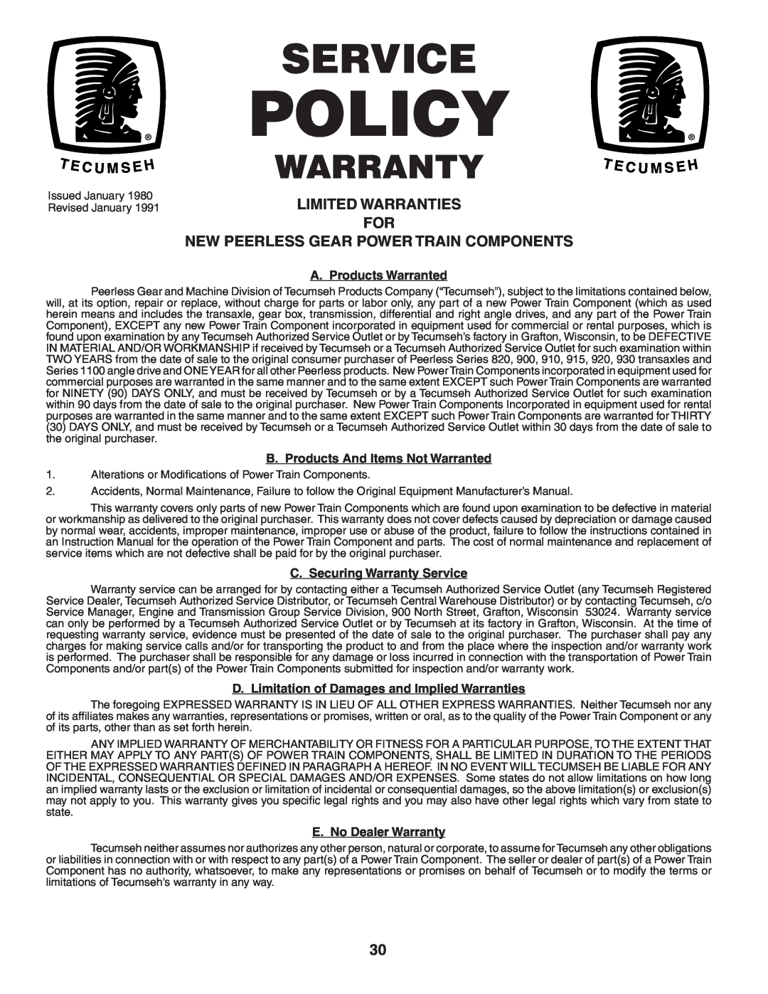 Poulan PKGTH2554 manual Limited Warranties For New Peerless Gear Power Train Components, Policy, Service, Warranty 