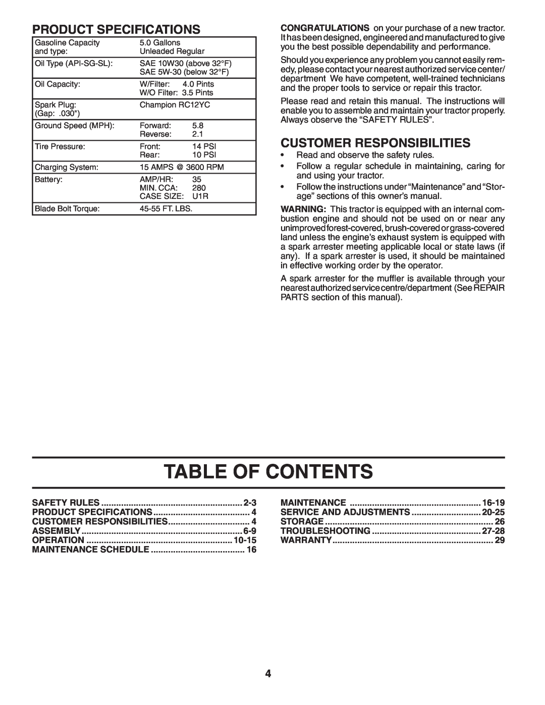 Poulan PKGTH2554 manual Table Of Contents, Product Specifications, Customer Responsibilities 