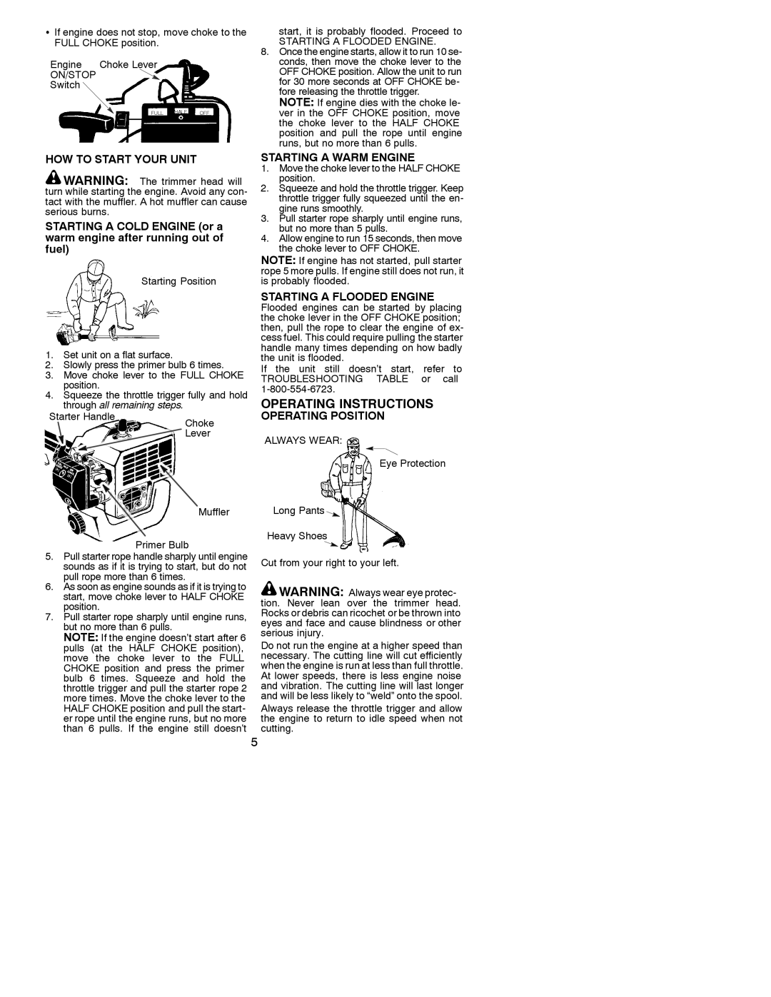 Poulan PL 25 HOW to Start Your Unit, Starting a Warm Engine, Starting a Flooded Engine, Operating Position 