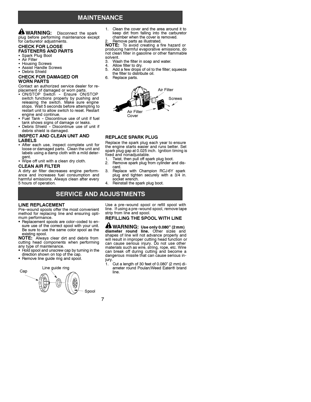 Poulan PL 25 Check for Loose Fasteners and Parts, Check for Damaged or Worn Parts, Inspect and Clean Unit and Labels 