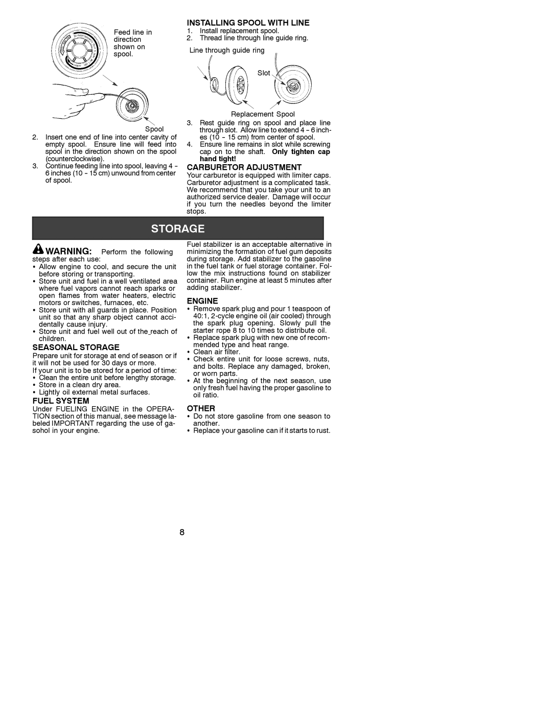 Poulan PL 25 Installing Spool with Line, Carburetor Adjustment, Seasonal Storage, Fuel System, Engine, Other 