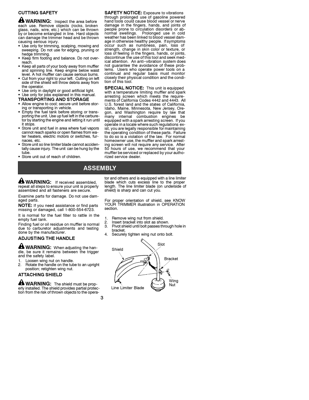 Poulan PL200 instruction manual Cutting Safety, Transporting and Storage, Adjusting the Handle, Attaching Shield, Operator 