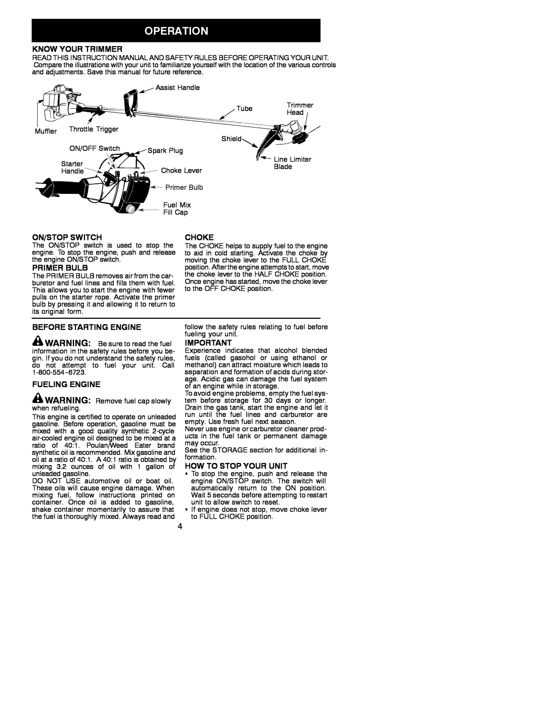 Poulan PL500 Know Your Trimmer, On/Stop Switch, Primer Bulb, Choke, Before Starting Engine, Fueling Engine 