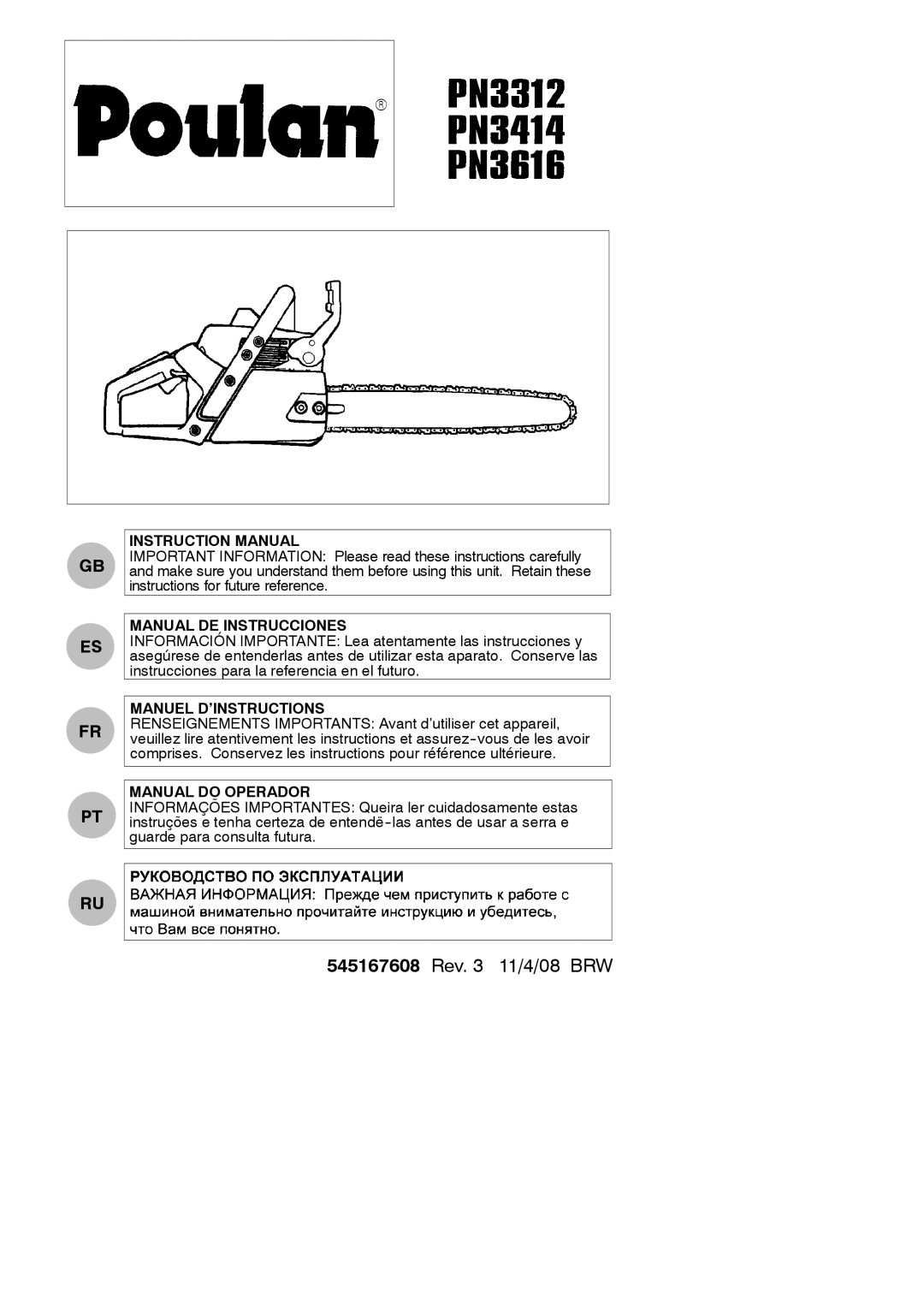 Poulan PN3312, PN3616, PN3414 instruction manual Manual DE Instrucciones, Manuel D’INSTRUCTIONS, Manual do Operador 