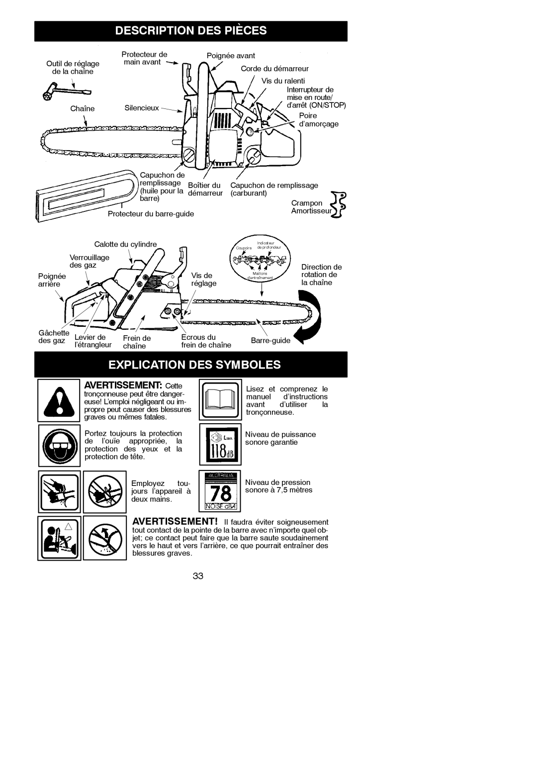 Poulan PN3414, PN3616, PN3312 instruction manual Description DES Pièces, Explication DES Symboles, Avertissement Cette 