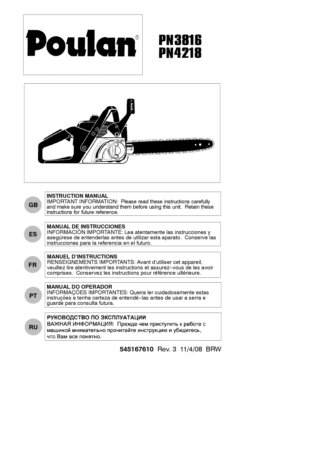 Poulan PN4218, PN3816 instruction manual Manual DE Instrucciones, Manuel D’INSTRUCTIONS, Manual do Operador 