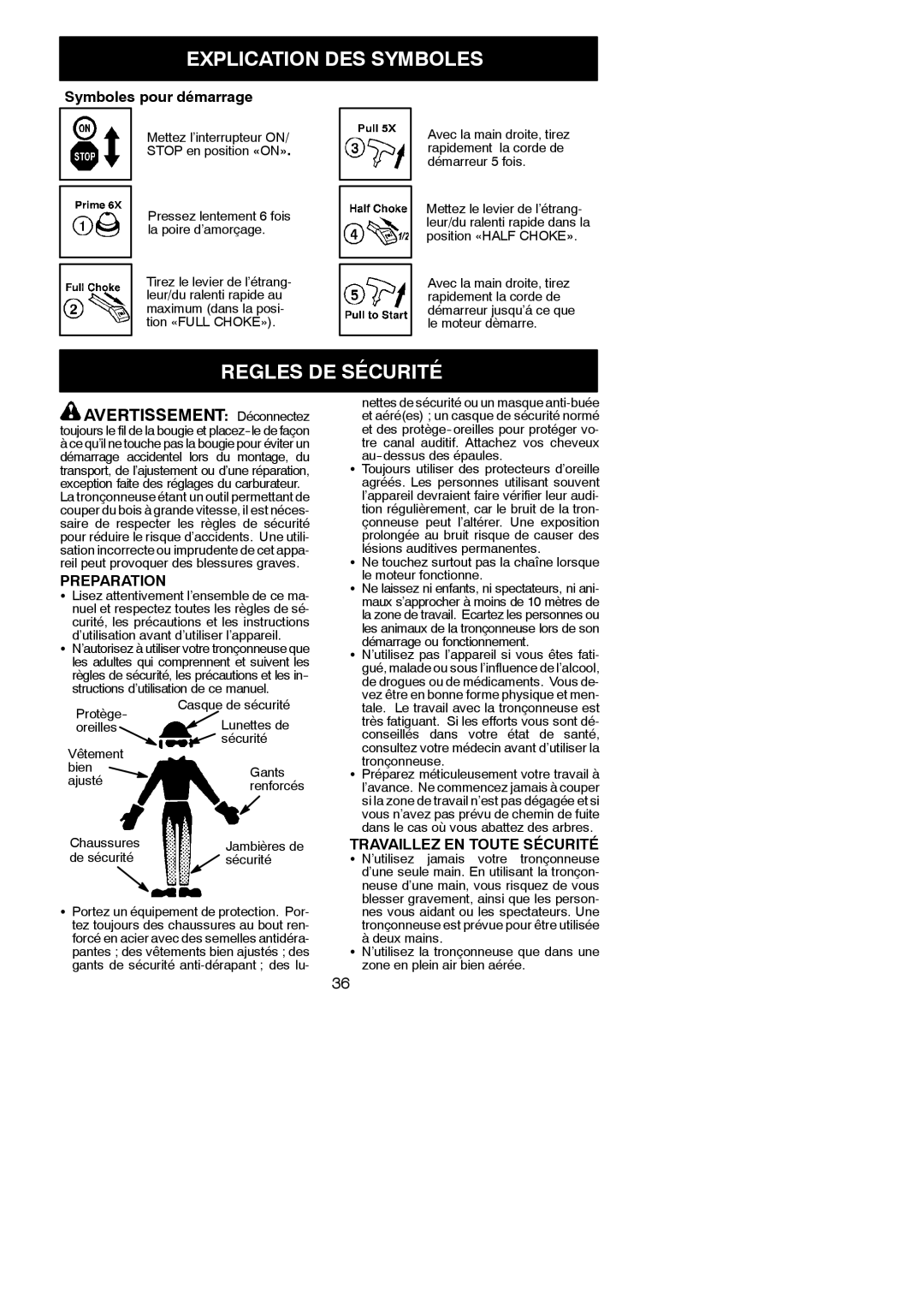 Poulan PN4218, PN3816 Avertissement Déconnectez, Symboles pour démarrage, Preparation, Travaillez EN Toute Sécurité 