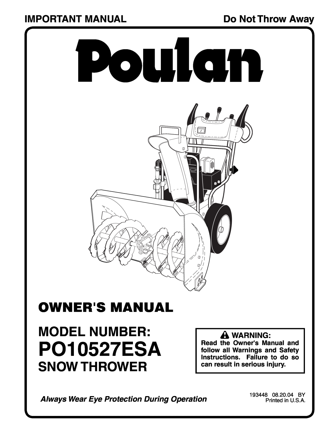 Poulan PO10527ESA owner manual Snow Thrower, Important Manual, Do Not Throw Away 