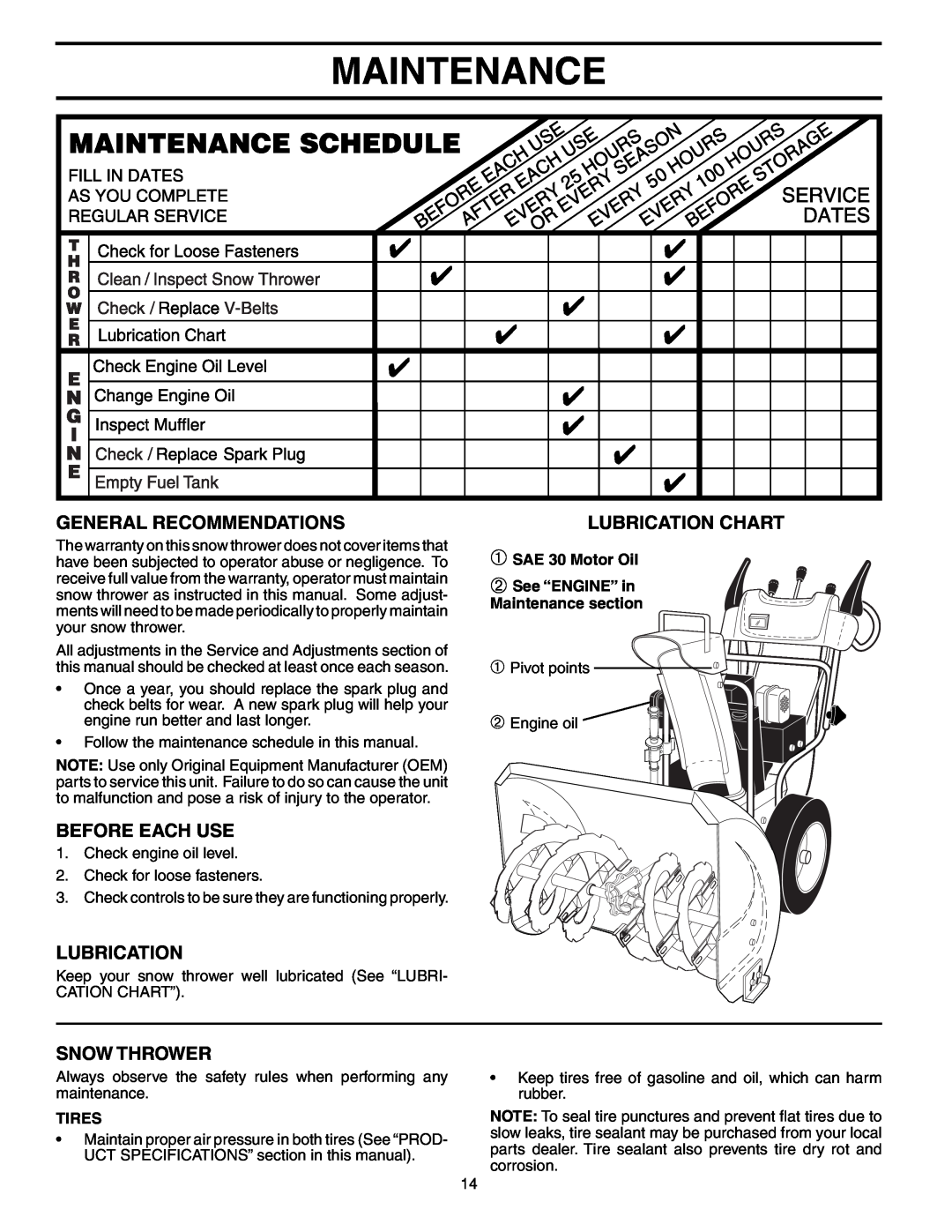 Poulan PO10527ESA Maintenance, General Recommendations, Before Each Use, Snow Thrower, Lubrication Chart, Tires 