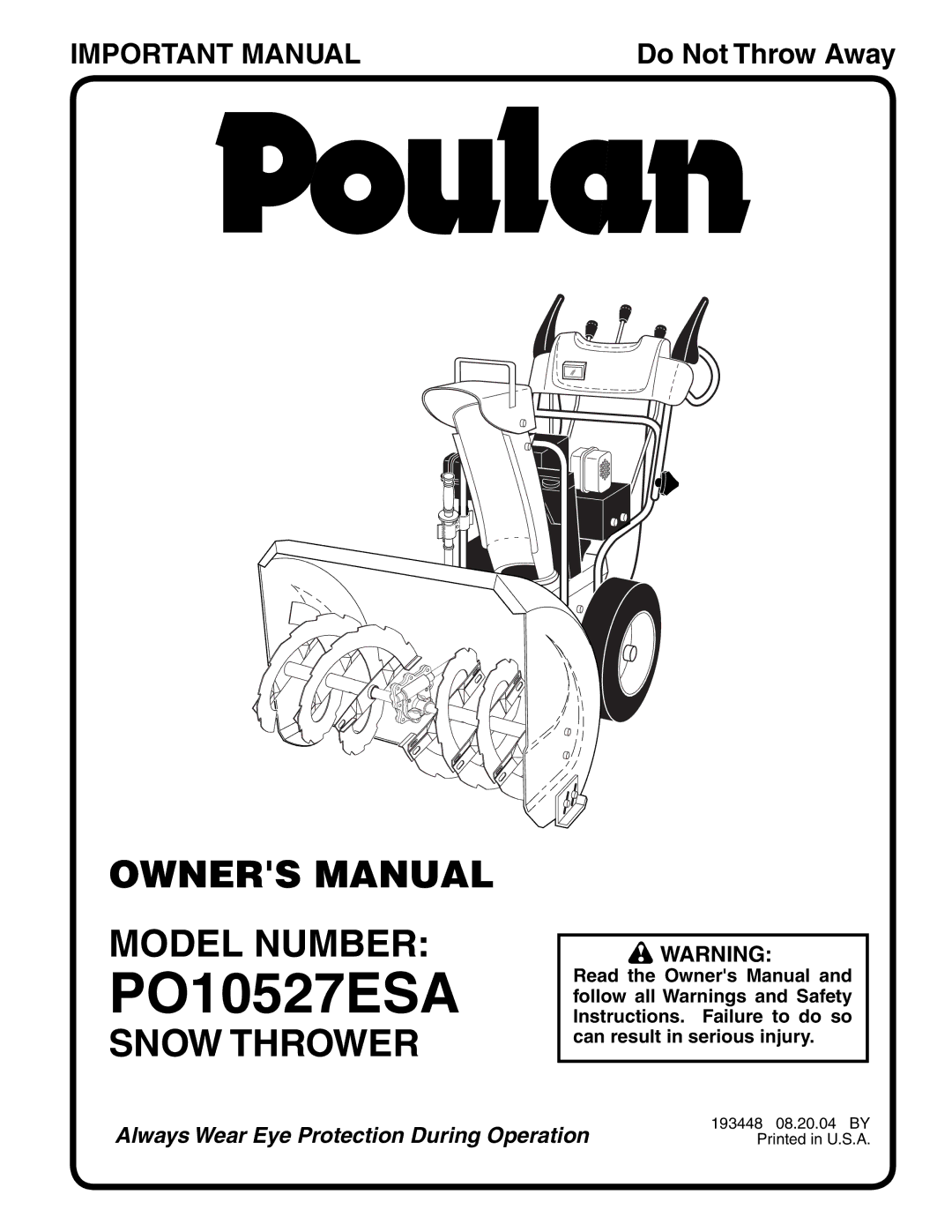 Poulan PO10527ESA owner manual Model Number, Snow Thrower 