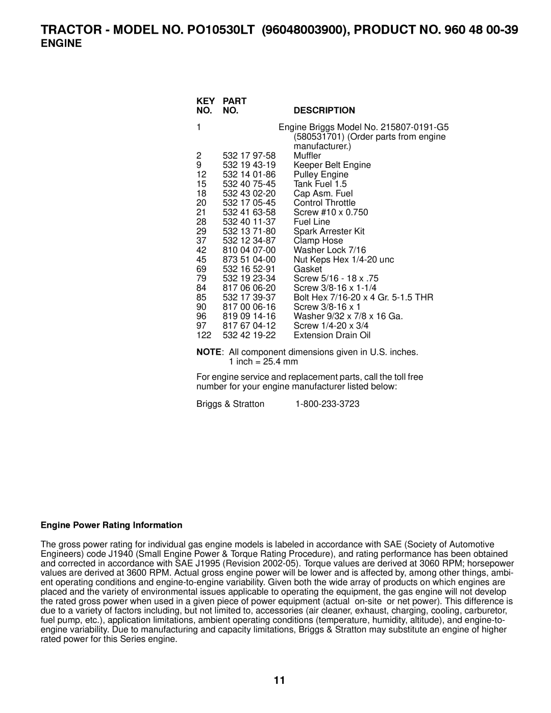 Poulan PO10530LT manual Engine Power Rating Information 