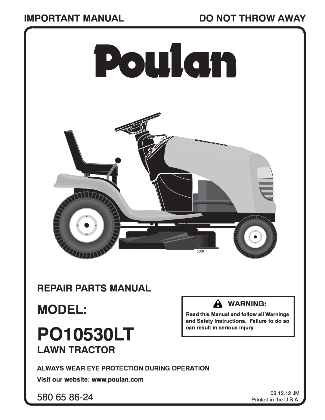 Poulan PO10530LT manual Model, Important Manual, Do Not Throw Away, Repair Parts Manual, Lawn Tractor, 580, 5000 